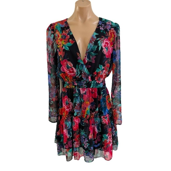 CHARLES HENRY PRINT LONG SLEEVE RUFFLE FIT & FLARE MINIDRESS DRESS SZ M - Picture 5 of 11